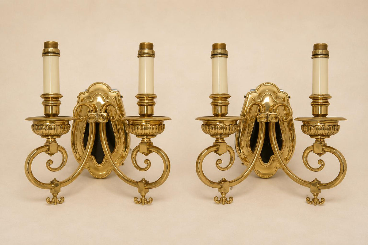 Vintage Pair of Brass Wall Sconces, 2-Light Louis XVI Style, Gold-Tone French Inspired Wall Lighting, Circa 1950s