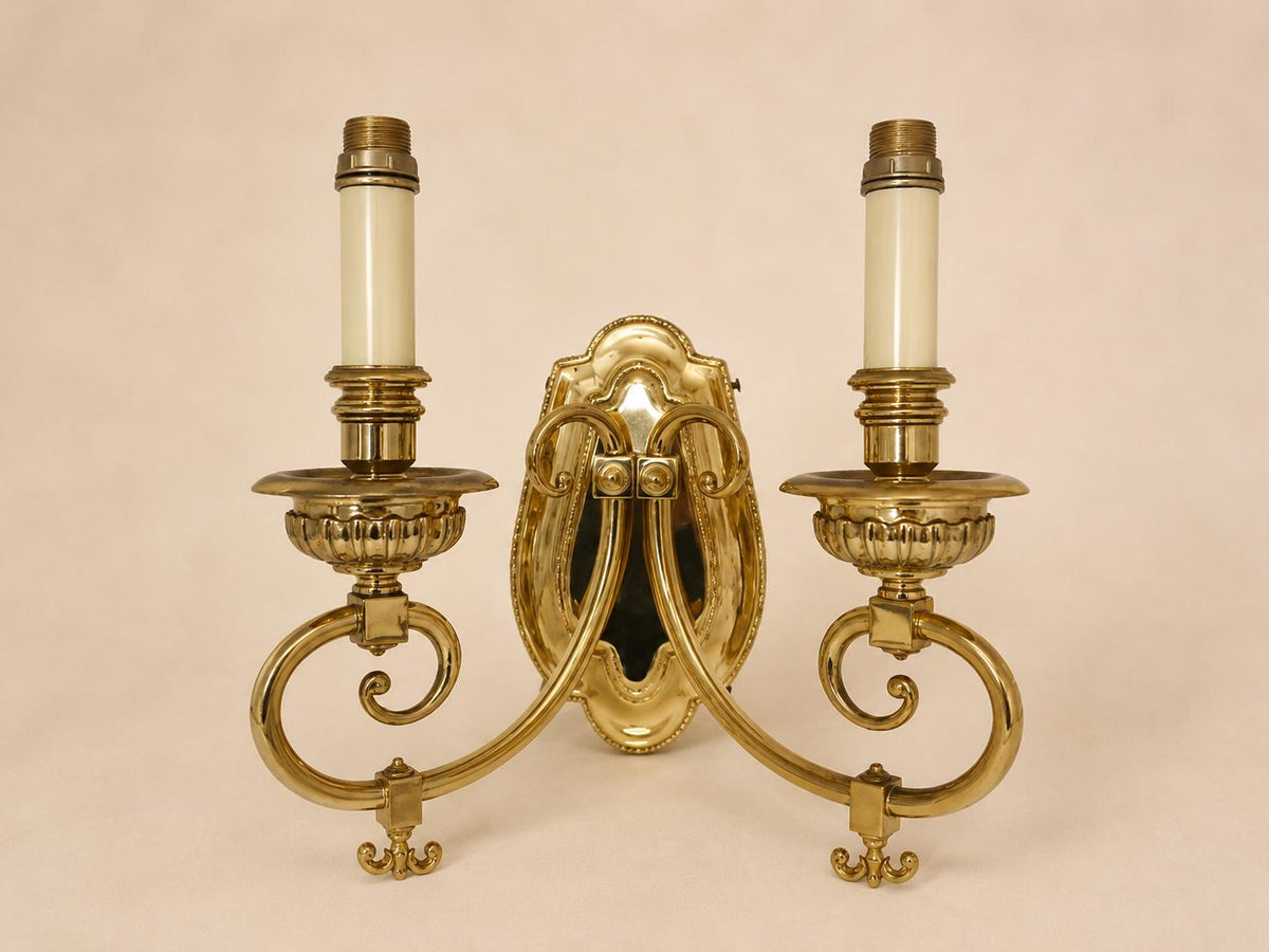 Vintage Pair of Brass Wall Sconces, 2-Light Louis XVI Style, Gold-Tone French Inspired Wall Lighting, Circa 1950s