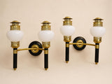 Vintage Brass and Black Double-Arm Wall Sconces, Opal Glass Globes, Pierced Filigree Caps, Pair