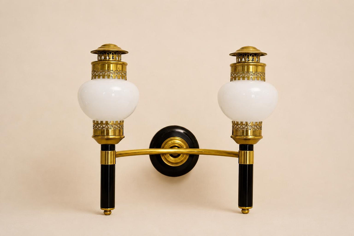 Vintage Brass and Black Double-Arm Wall Sconces, Opal Glass Globes, Pierced Filigree Caps, Pair