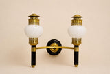 Vintage Brass and Black Double-Arm Wall Sconces, Opal Glass Globes, Pierced Filigree Caps, Pair