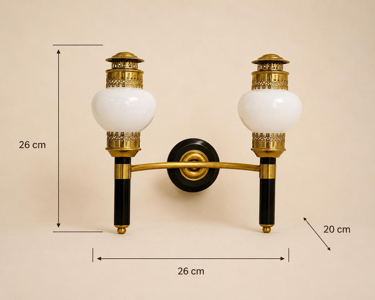 Vintage Brass and Black Double-Arm Wall Sconces, Opal Glass Globes, Pierced Filigree Caps, Pair