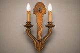 Vintage Giltwood Twin-Arm Wall Sconce Pair, Torch Form — French Louis XVI Style, 1950s
