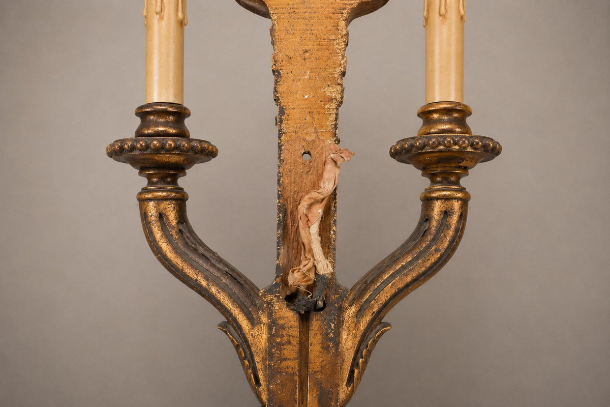 Vintage Giltwood Twin-Arm Wall Sconce Pair, Torch Form — French Louis XVI Style, 1950s