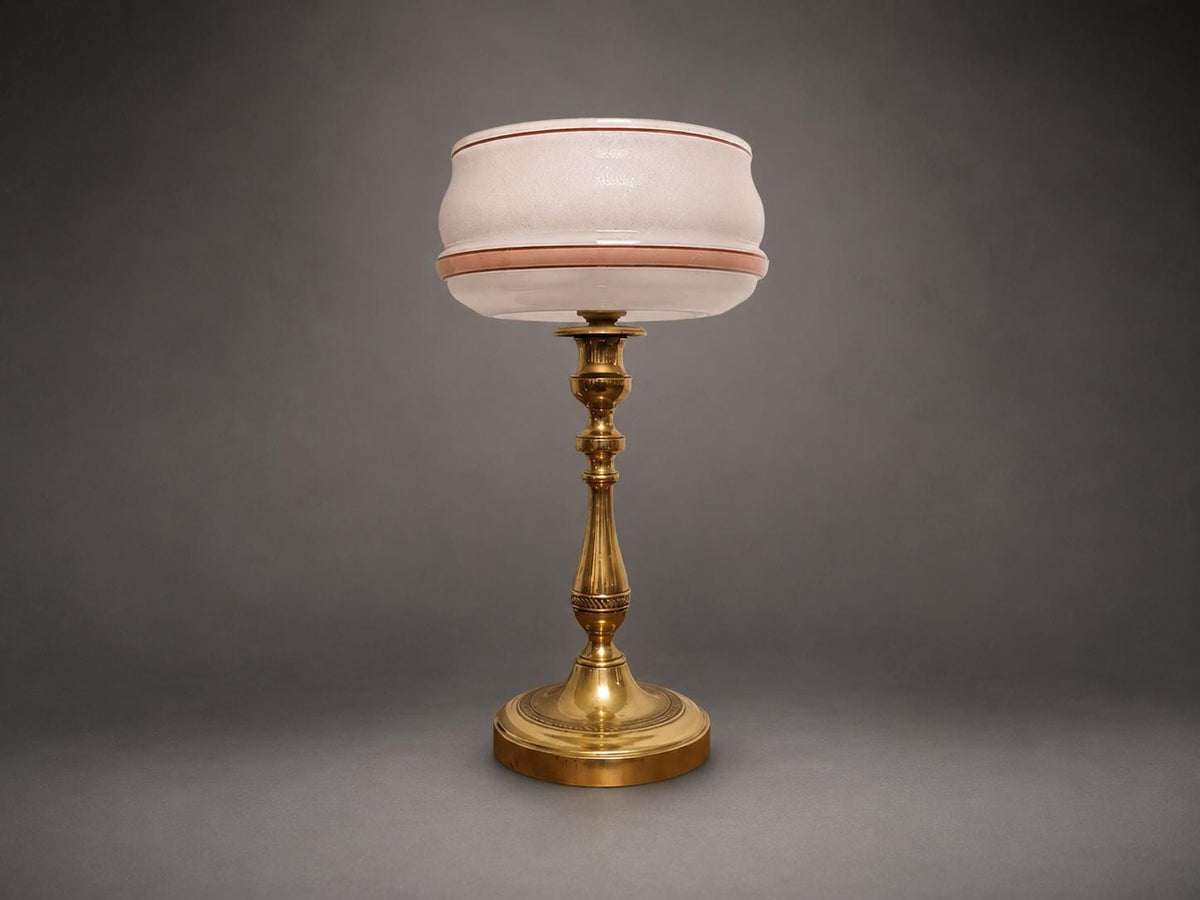 Antique Brass Candlestick Table Lamp, Frosted Glass Shade with Rose Band — Circa 1900
