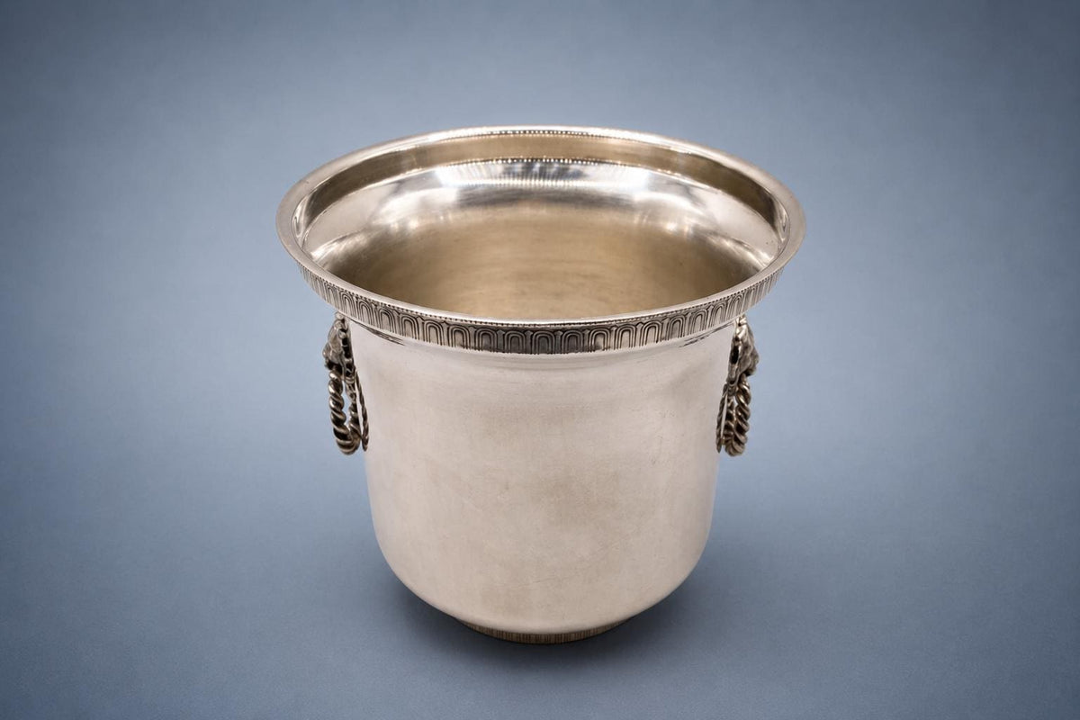 Silver Plated Ice Bucket, Lion Head Ring Handles, Empire Style Champagne Bucket — French, Vintage