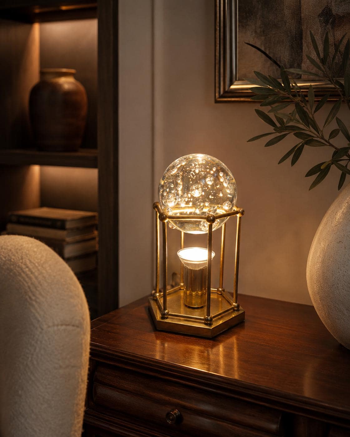 Brass Cage Lamp with Bubble Glass Sphere, Hexagonal Base