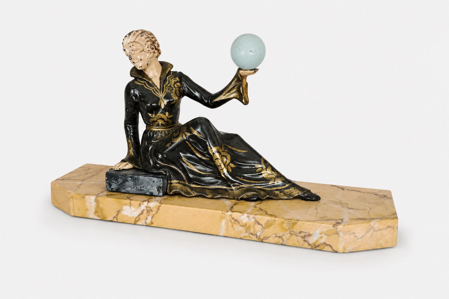 Vintage Spelter Sculpture, Seated Lady with Sphere, Marble Base — Art Deco Style, 1970s