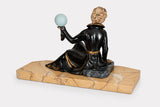 Vintage Spelter Sculpture, Seated Lady with Sphere, Marble Base — Art Deco Style, 1970s
