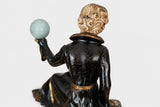 Vintage Spelter Sculpture, Seated Lady with Sphere, Marble Base — Art Deco Style, 1970s