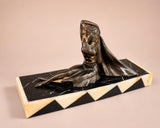 Art Deco Spelter Sculpture, Seated Woman on Chevron Marble Base — French, 1920s