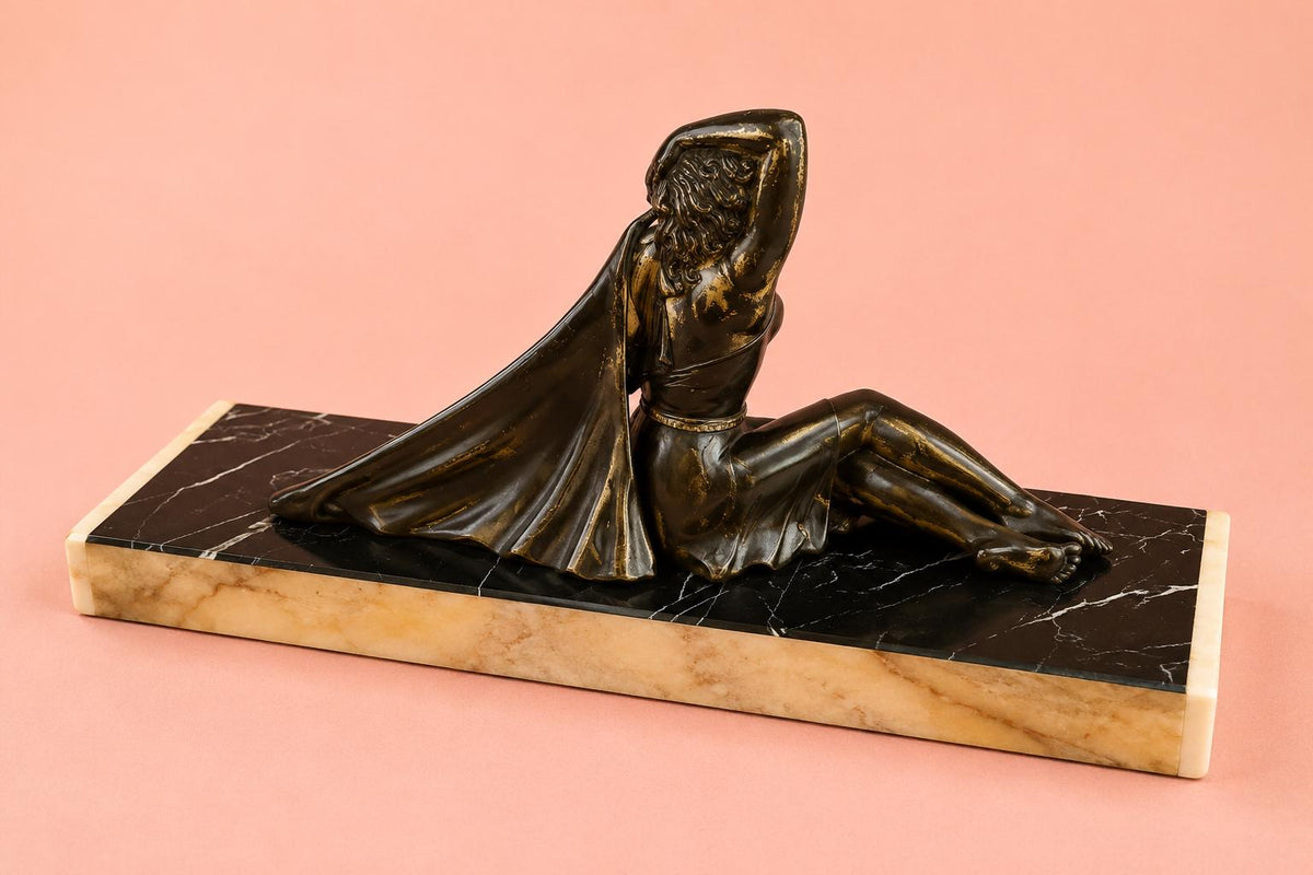 Art Deco Spelter Sculpture, Seated Woman on Chevron Marble Base — French, 1920s