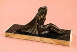 Art Deco Spelter Sculpture, Seated Woman on Chevron Marble Base — French, 1920s