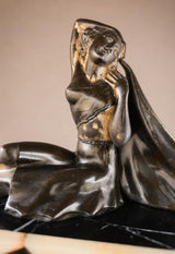 Art Deco Spelter Sculpture, Seated Woman on Chevron Marble Base — French, 1920s