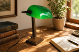 Green Glass Banker's Desk Lamp, Bronze-Tone Metal Base, Emeralite Style Lighting