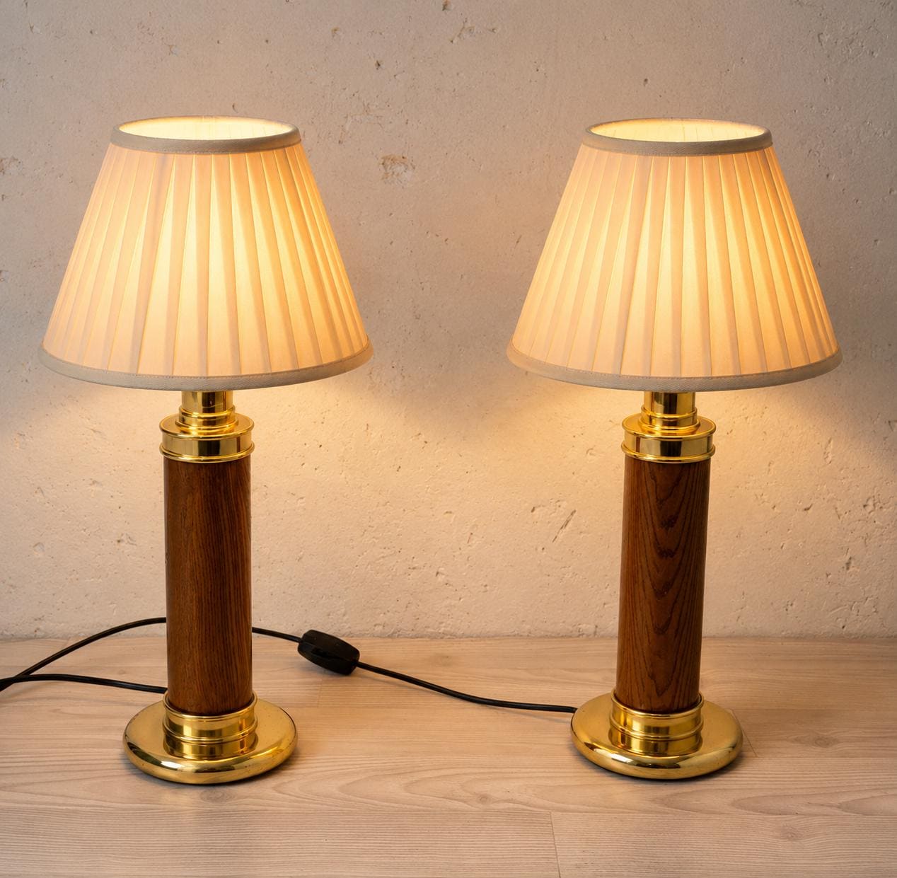 Vintage Pair of 1960s Wood & Brass Table Lamp Bases | Mid-Century Turned Column Lamps | Wired and Ready | Set of 2