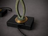 Vintage Sculptural Table Lamp Pair, Sage Green Loop Arms, Marble Base — Art Deco Style, 1950s