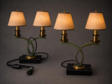 Vintage Sculptural Table Lamp Pair, Sage Green Loop Arms, Marble Base — Art Deco Style, 1950s