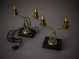 Vintage Sculptural Table Lamp Pair, Sage Green Loop Arms, Marble Base — Art Deco Style, 1950s