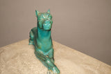 Art Deco Inkwell, Régule Dogue Sculpture with Green Patina on Marble Base, French Desk Accessory, Circa 1920s–30s