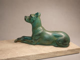 Art Deco Inkwell, Régule Dogue Sculpture with Green Patina on Marble Base, French Desk Accessory, Circa 1920s–30s