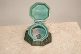 Art Deco Inkwell, Régule Dogue Sculpture with Green Patina on Marble Base, French Desk Accessory, Circa 1920s–30s