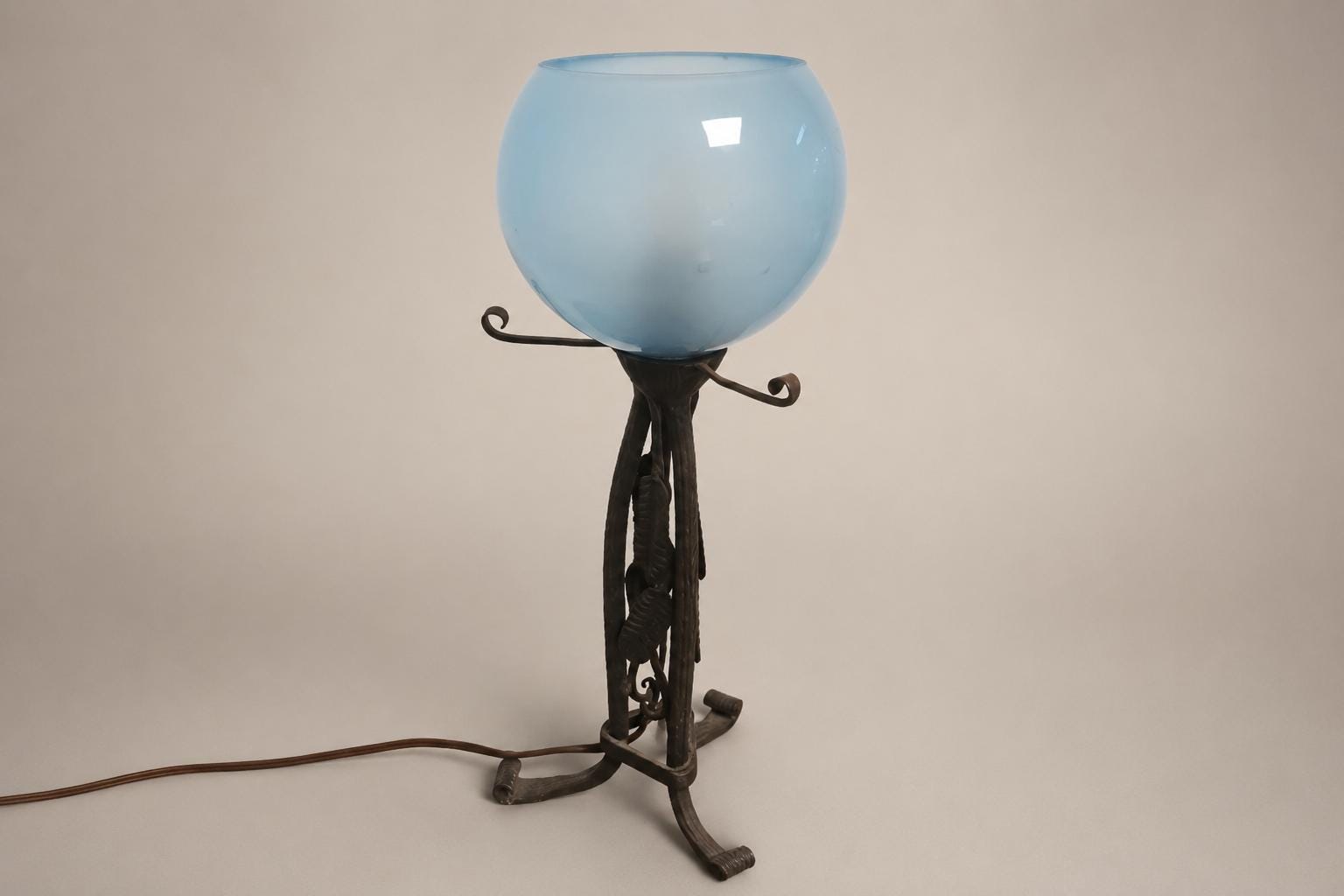 Art Nouveau Style Iron Lamp with Thick Glass Globe, Vintage 1900