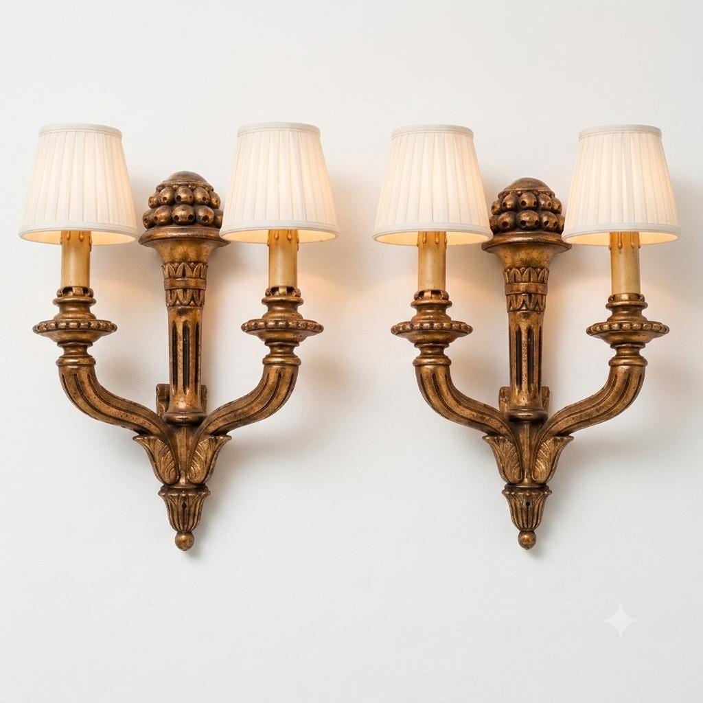 Vintage Giltwood Twin-Arm Wall Sconce Pair, Torch Form — French Louis XVI Style, 1950s