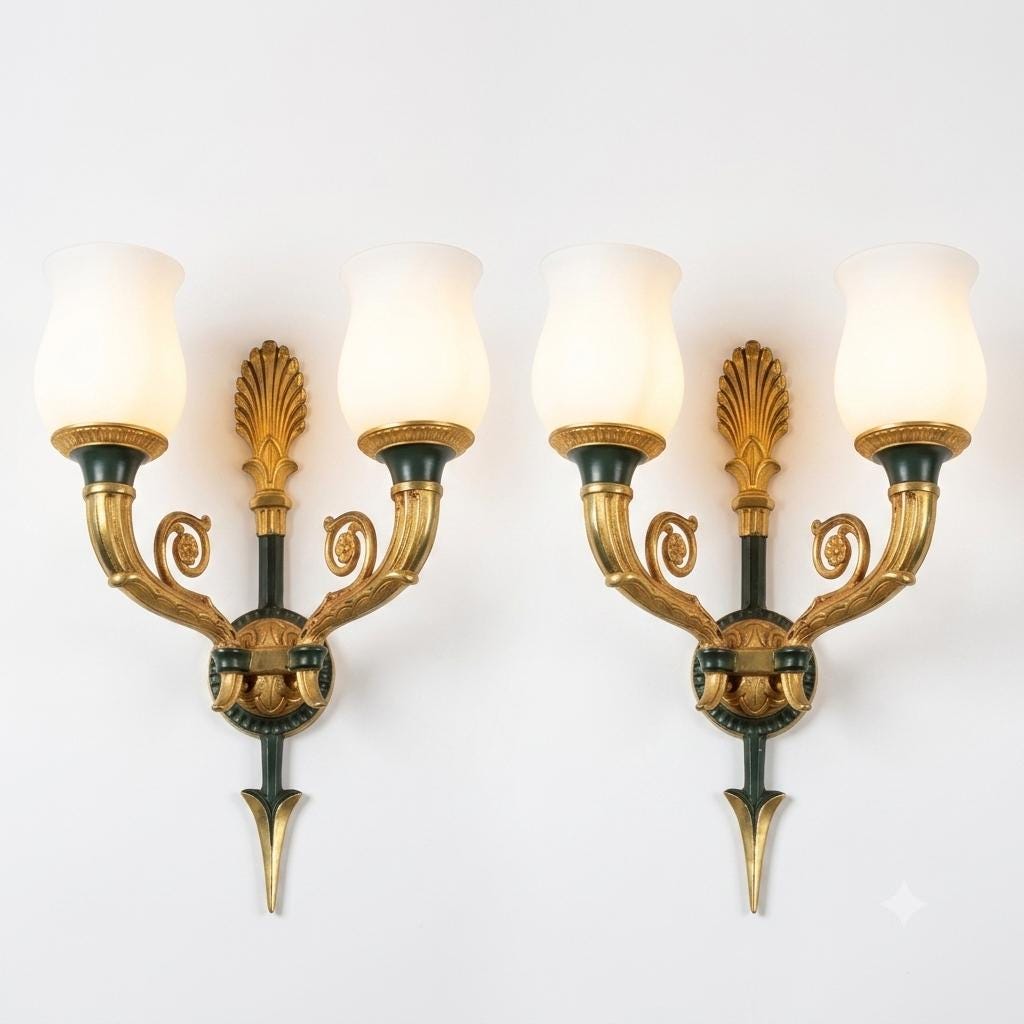 Vintage Gilt Bronze Wall Sconce Pair, Double Arm with Frosted Glass Shades — French Style, 1950s