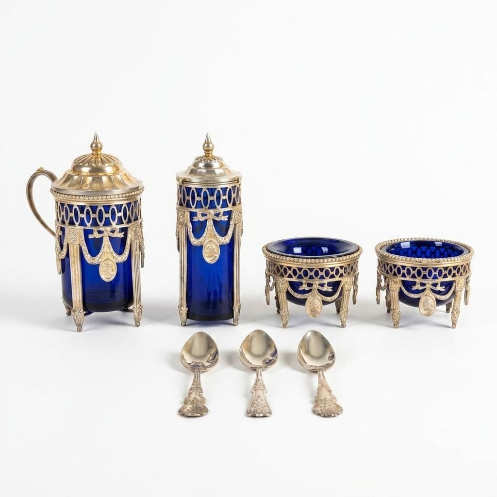 Antique Silver-Mounted Cobalt Glass Condiment Set, Louis XVI Style — French, Circa 1900, 7 Pieces