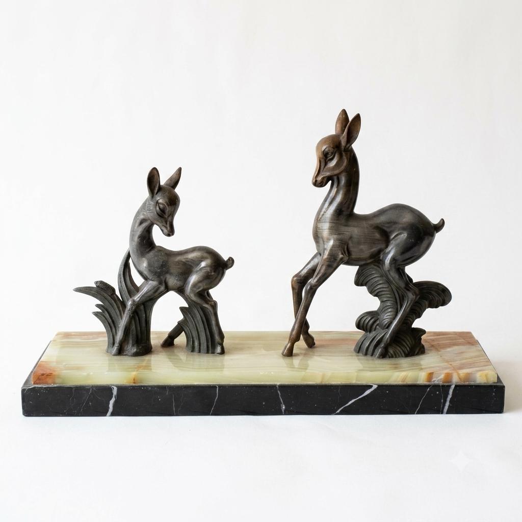 Art Deco Zalmac Deer Pair, Marble Base — French Style, Circa 1920s–1940s