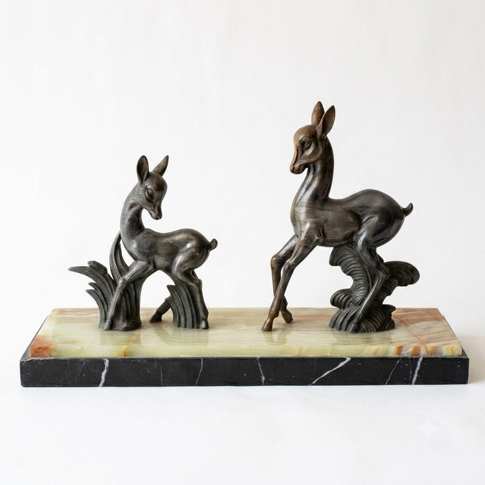 Art Deco Zalmac Deer Pair, Marble Base — French Style, Circa 1920s–1940s