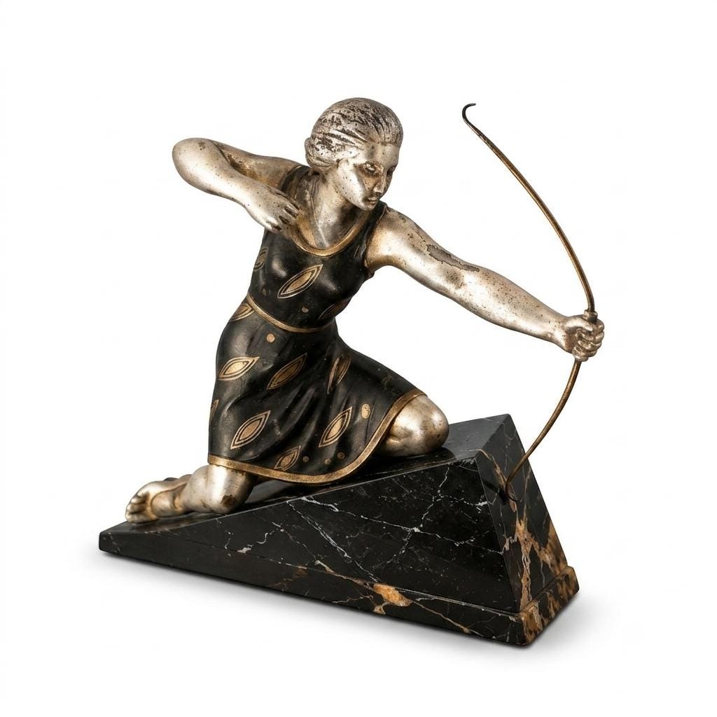 Art Deco Style Diana Huntress Figure, Silver-Tone on Marble Base — 1970s