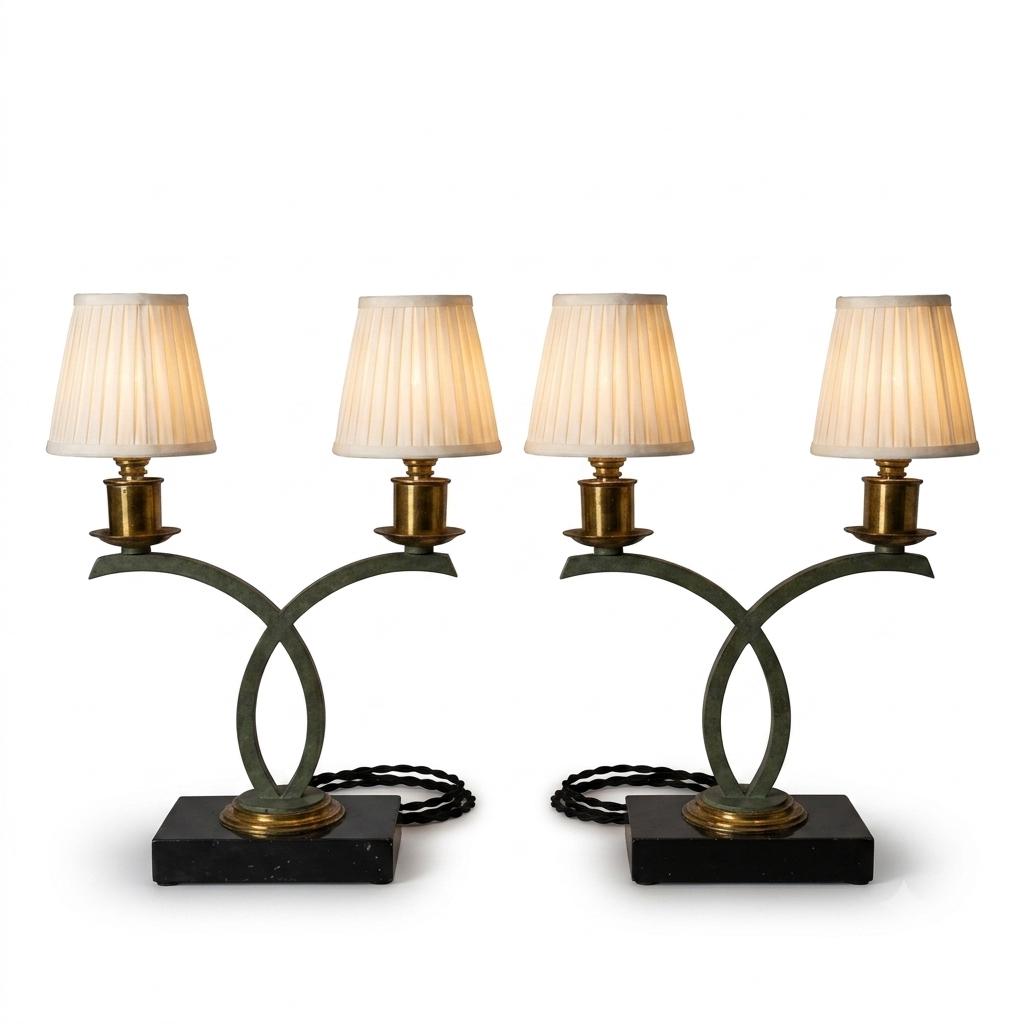 Vintage Sculptural Table Lamp Pair, Sage Green Loop Arms, Marble Base — Art Deco Style, 1950s