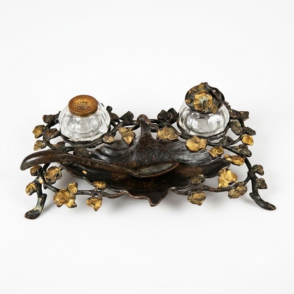 Antique Bronze-Toned Inkwell, Ivy Relief Design — French Art Nouveau, Circa 1900