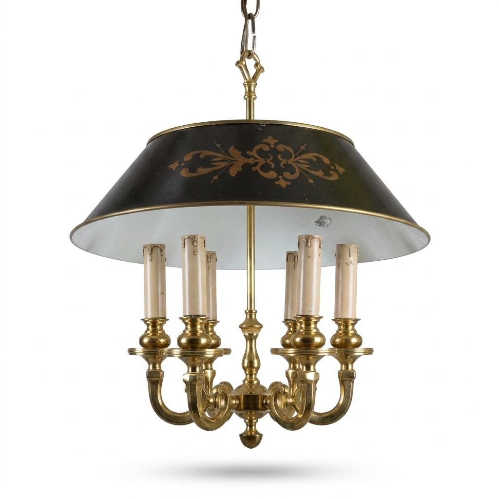 Vintage Brass 5-Light Pendant Chandelier, Bouillotte Style — Painted Tôle Shade, 1980s
