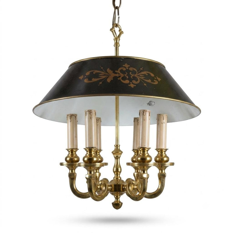 Vintage Brass 5-Light Pendant Chandelier, Bouillotte Style — Painted Tôle Shade, 1980s