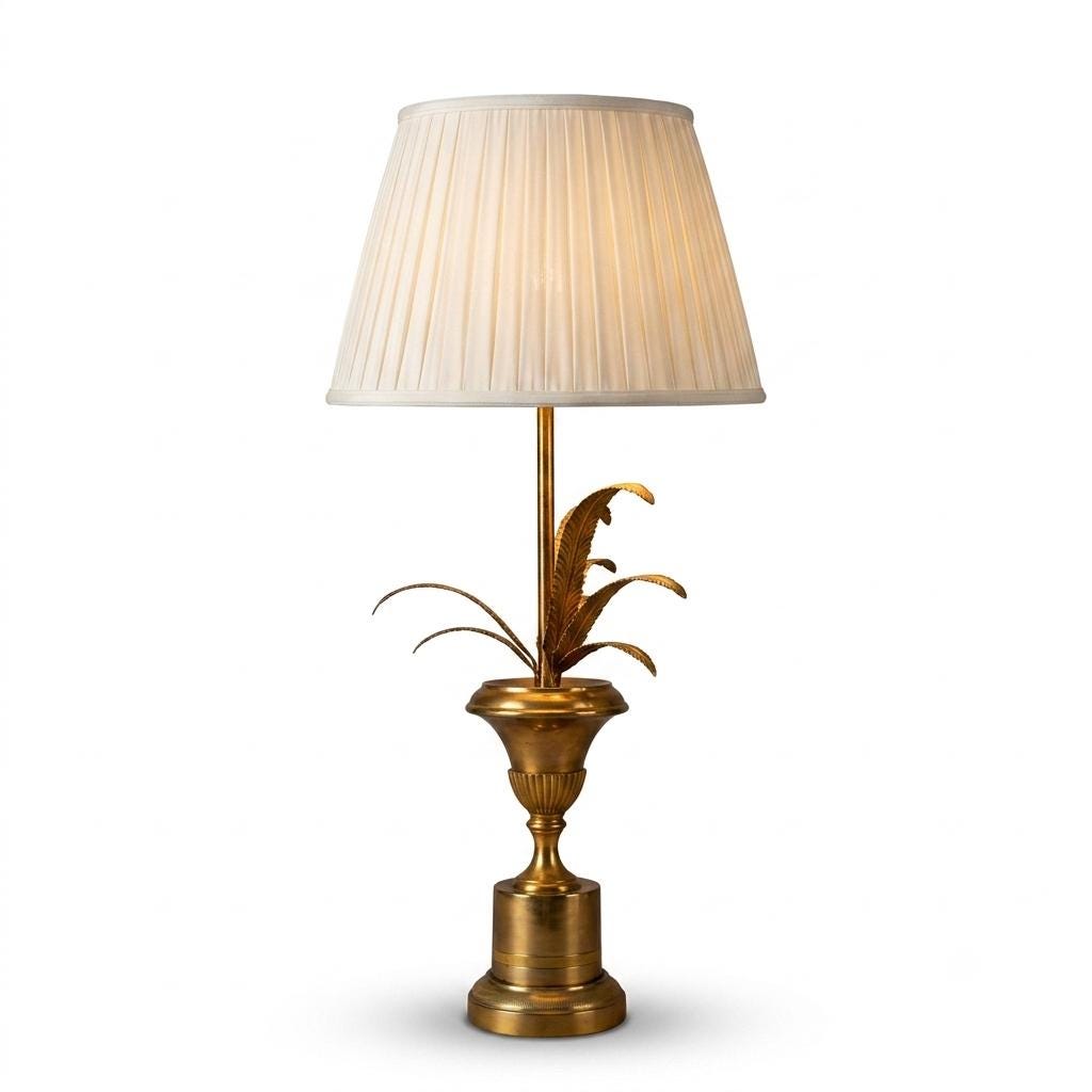 Vintage Brass Palm Frond Table Lamp Base, Urn Form — Hollywood Regency Style, 1960s