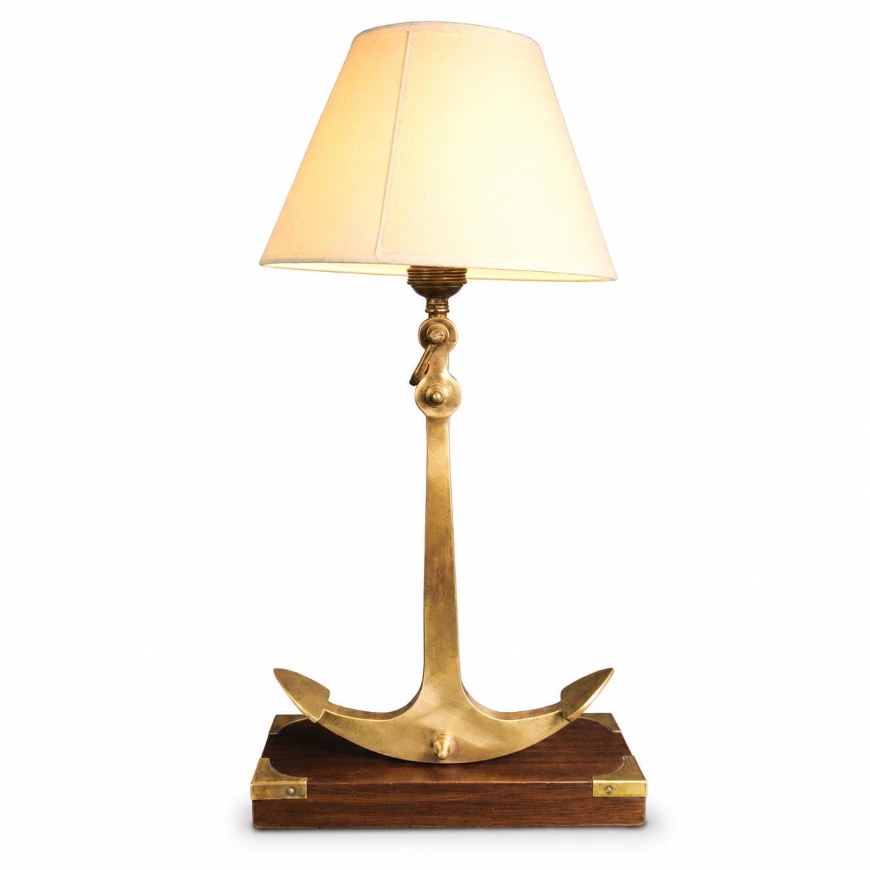 Bronze Anchor Table Lamp, Wood Base with Brass Corner Accents — Nautical Art Deco Style, France, 1960s