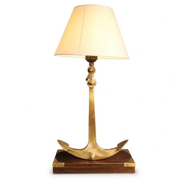 Bronze Anchor Table Lamp, Wood Base with Brass Corner Accents — Nautical Art Deco Style, France, 1960s