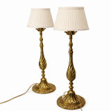 Victorian Style Gilt Brass Candlestick Lamp Pair, Twist-Carved Stem — Mid-20th Century
