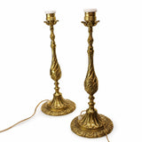 Victorian Style Gilt Brass Candlestick Lamp Pair, Twist-Carved Stem — Mid-20th Century