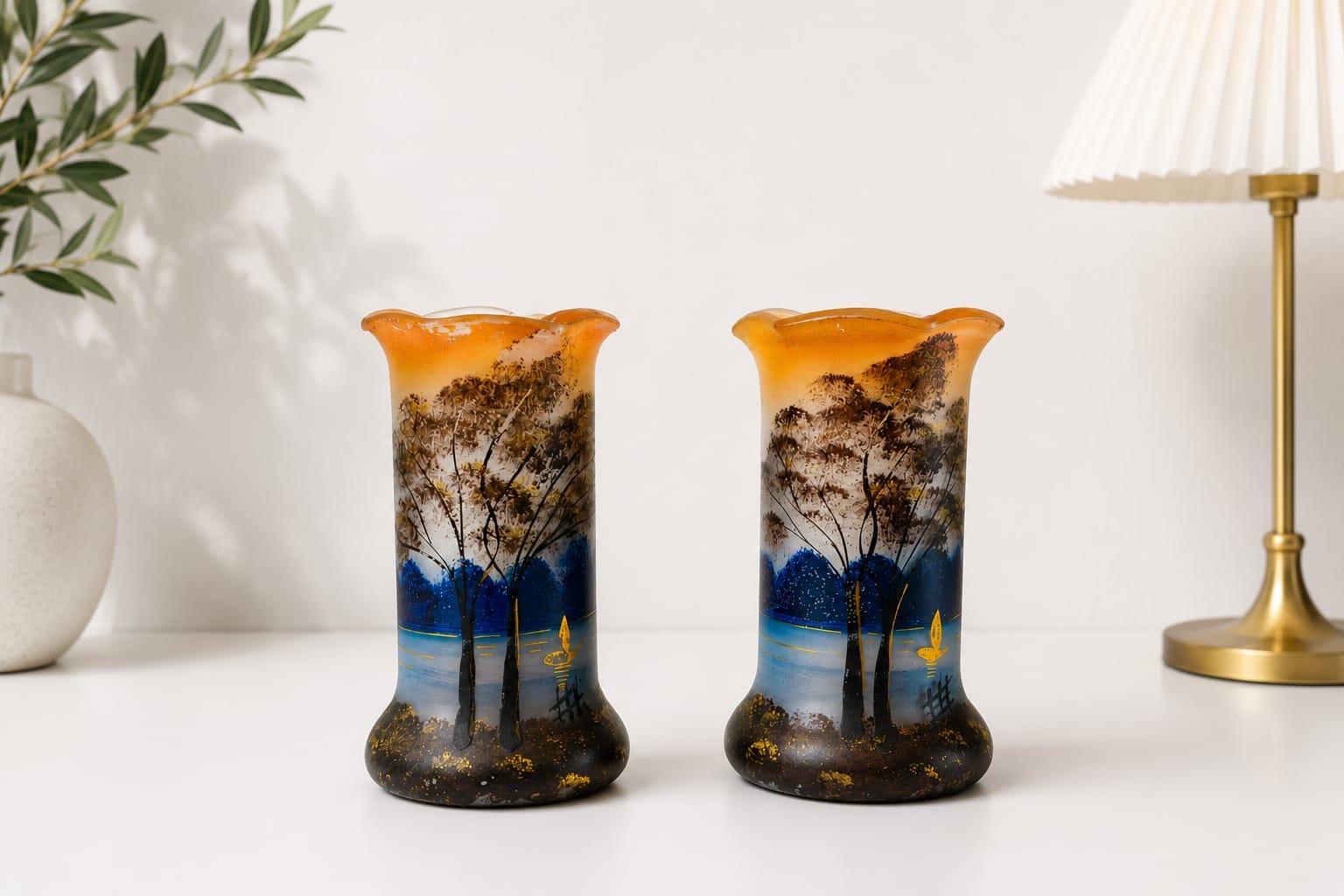 Antique Satin Glass Vase Pair, Hand-Painted Enamel Landscape — French, circa 1900