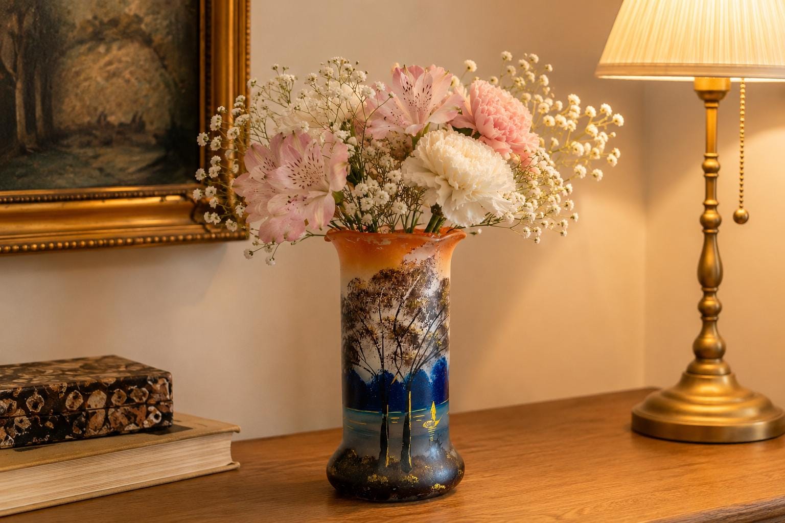 Antique Satin Glass Vase Pair, Hand-Painted Enamel Landscape — French, circa 1900