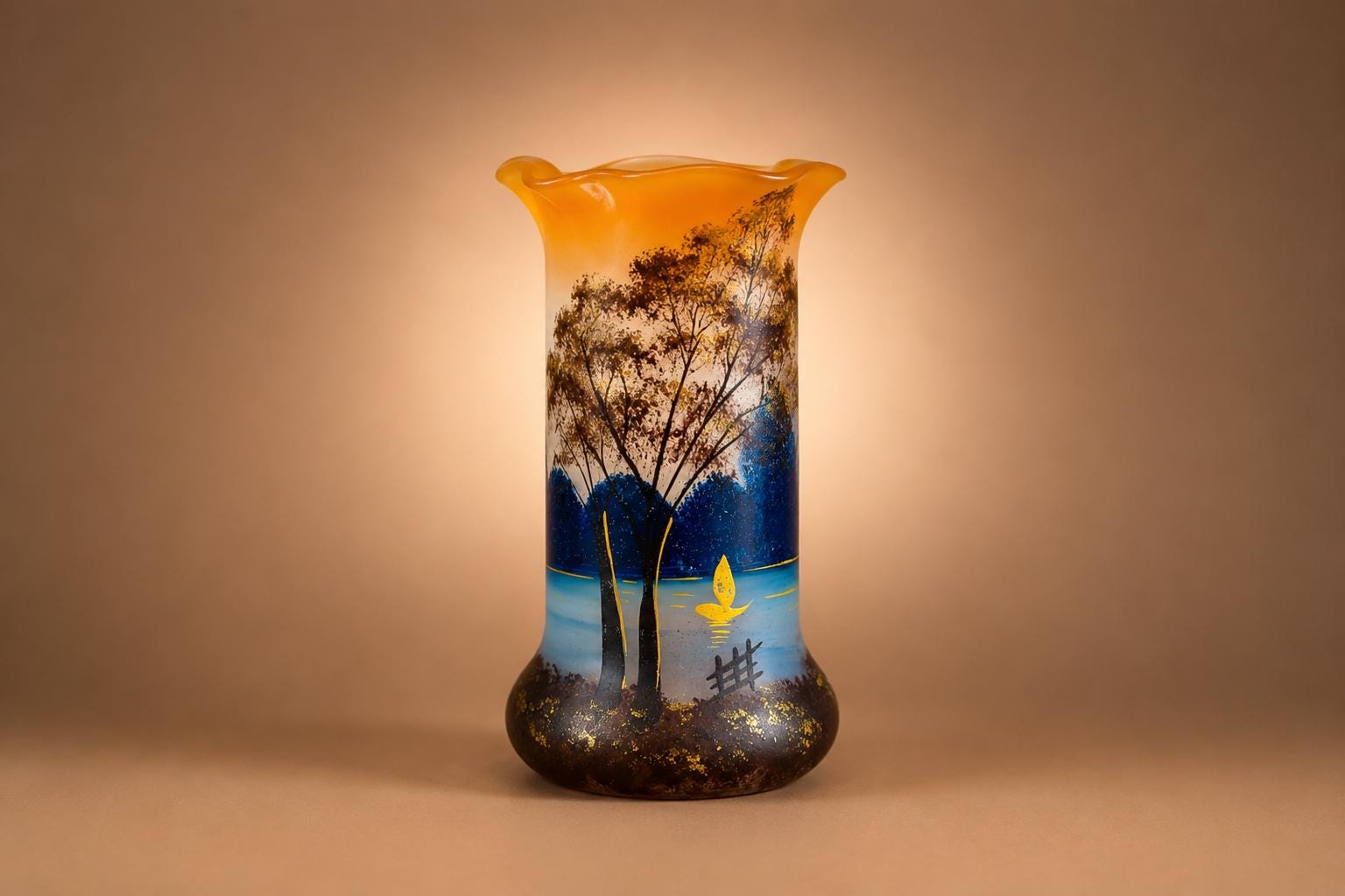Antique Satin Glass Vase Pair, Hand-Painted Enamel Landscape — French, circa 1900