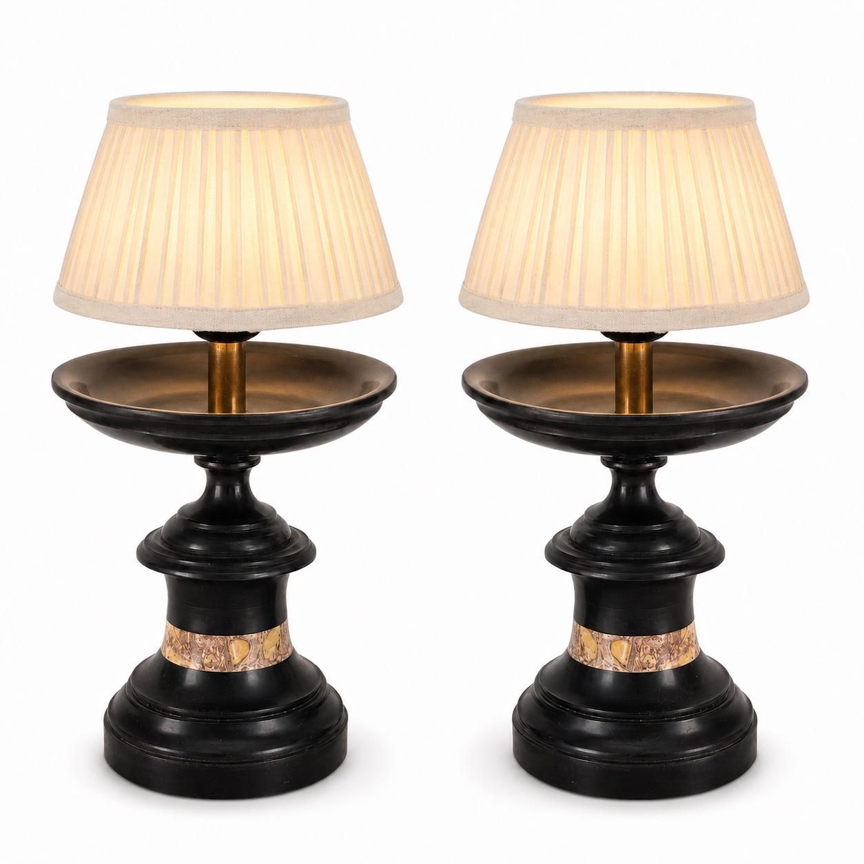 Pair of Black Marble Cassolette Lamp Bases with Inset Marble Band — French, 19th Century