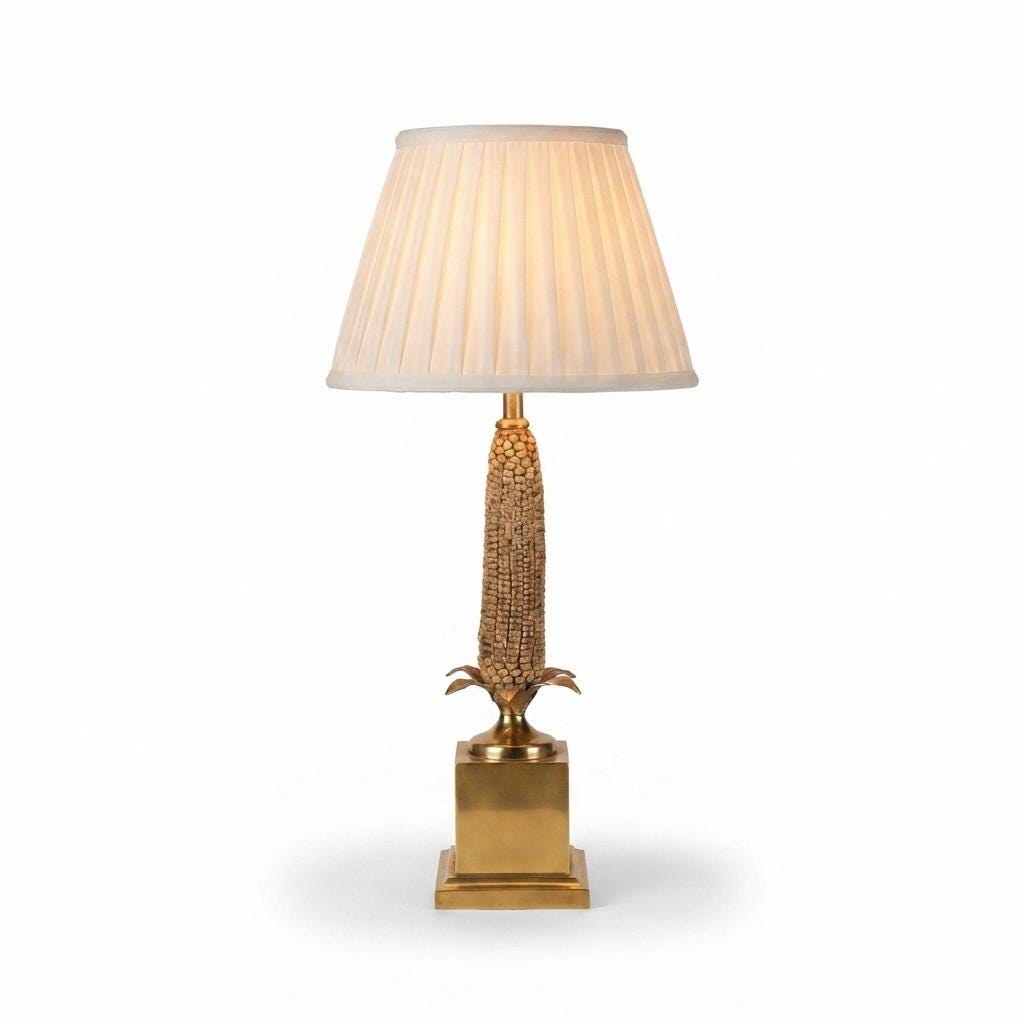 Mid-Century Brass Corn Table Lamp with Pleated Shade, 1970s