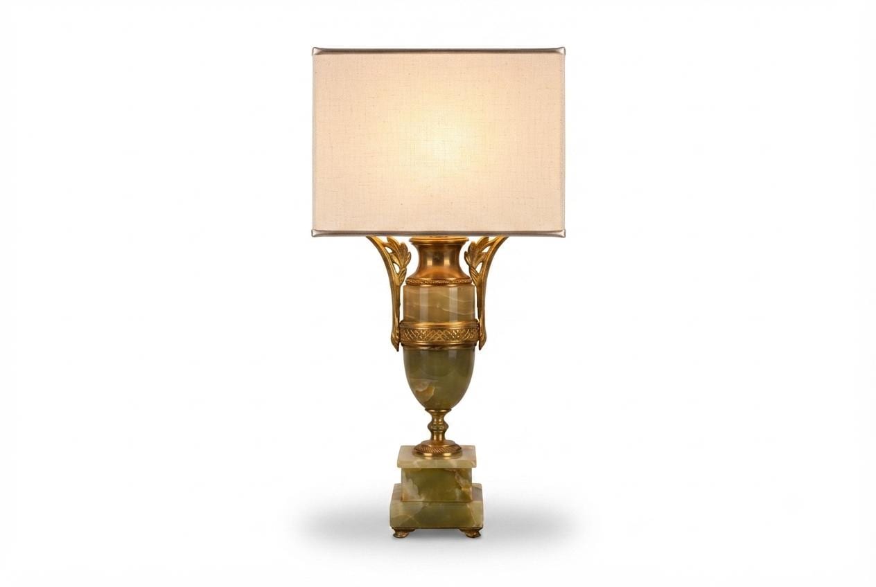 Vintage Onyx and Gilt Brass Urn Lamp with Bronze Floral Mounts