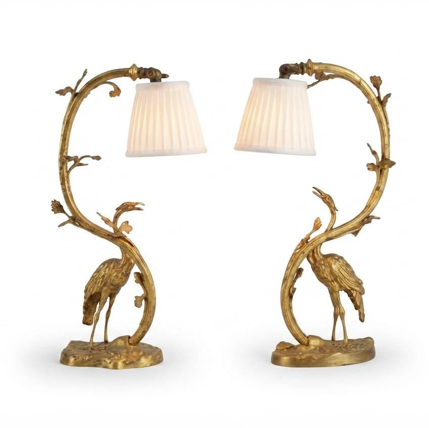 Pair of Gilt Crane Table Lamps, Hollywood Regency / French Art Deco Style, 1930s