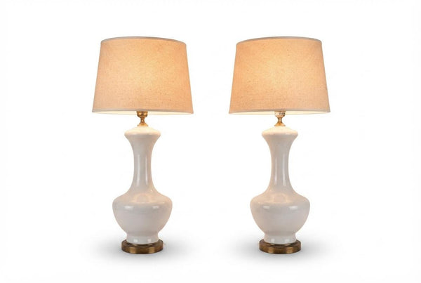 Pair of Opaline Glass Table Lamps, Baluster Form, Bronze-Toned Base, 1950s